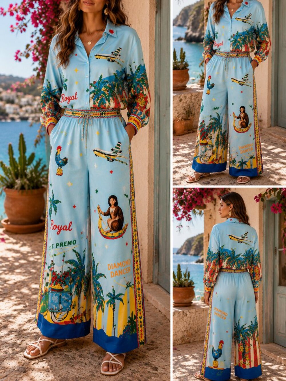 Tropical Resort Linen Blend Matching Set Wide Leg Pants Small - Picture 1 of 9